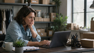 A small business owner works at her desk, focused on decisions that balance technology, cost, and long-term sustainability