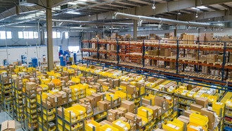 Thousands of boxes inside a warehouse, where the employees organize and manage a magnificent amount of products