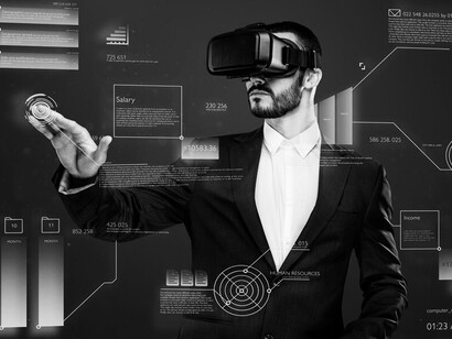A businessman in a suit wearing virtual reality glasses, immersed in a virtual financial world, showcasing future technology and advanced automation