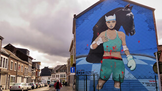 A fresco in Belgium paying tribute to cartoonist Enki Bilal, created on March 12, 2018, by artists Soke and Michaël Nicolaï