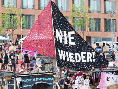 A boat demonstration on the Spree River protesting against an AfD rally at Marschallbrücke, Germany
