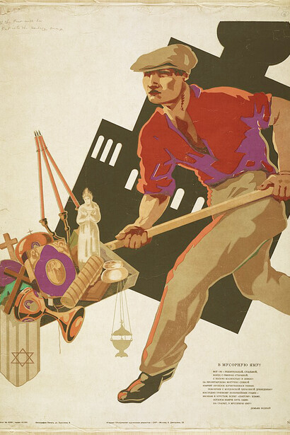 "All the Past will be Put into the Garbage Dump" / "Into the trash pit", This collection of 20th-century Russian posters spans almost the entire history of the Soviet Union (1917-1991). It can be divided into three main series, each representing distinct eras in the history of Communist political advertising. The General Political Poster series features works from the earliest days of Soviet power and is especially strong for the late 1920s