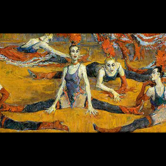 Sergei Chepik, Before the Cancan Moulin Rouge dancers stretching. Russian artist contemporary fineart Paris London Exhibition figurative, Catto Gallery Hampstead