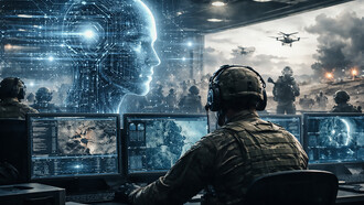 A highly realistic depiction of modern warfare’s new reality, where artificial intelligence, military command, and human judgment converge in the same room