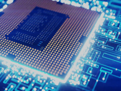 Advanced 3D rendering of a blue circuit board and processor with a futuristic design