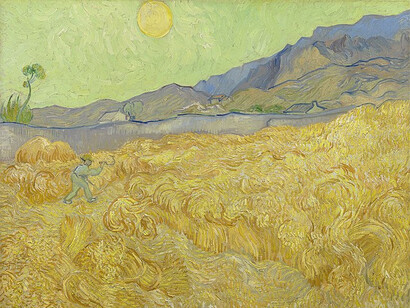 "Wheatfield with a Reaper" artwork by Vincent Van Gogh, painted in September 1889 in Saint-Rémy-de-Provence, France, the reaper labours in the heat of the sun