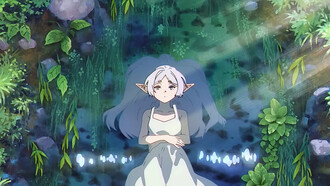 Frieren from Frieren: Beyond Journey’s End drifting peacefully through still waters, symbolising the melancholic beauty that defines contemporary fantasy anime