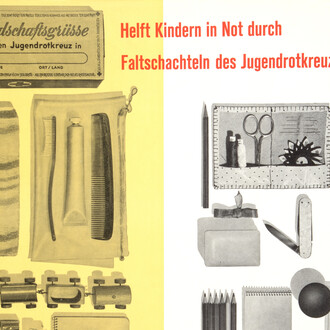 Unknown, Help children in need through the Youth Red Cross’s cardboard boxes, Switzerland (detail), 1965. Courtesy of Musée International de la Croix-Rouge et du Croissant-Rouge