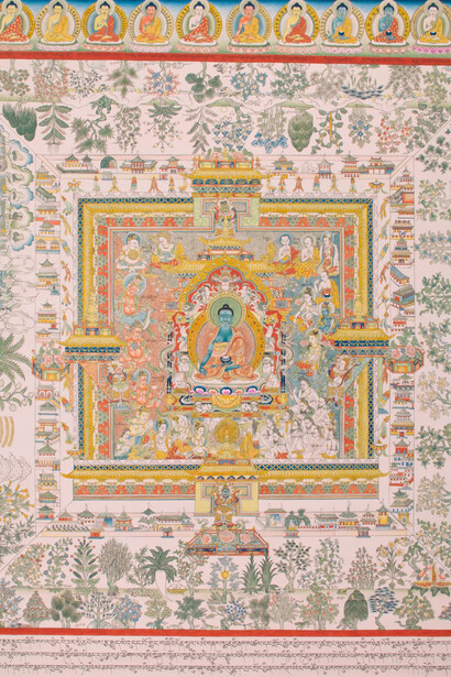 Medicine Buddha palace (copy of first painting from the set of the Tibetan medical paintings from Mentsikhang Lhasa), Rebgong county, Qinghai Province, China; 2012-2013. Courtesy of the Rubin Museum of Art