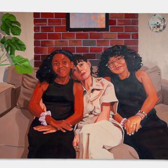 Tajh Rust,
Mihoko and Her Daughters, 2023.
Oil and acrylic on canvas,
48 x 60 in,
121.9 x 152.4 cm. Courtesy of the artist and Micki Meng Gallery