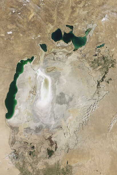 NASA’s Terra satellite captured this August 2010 image of the Aral Sea using the Moderate Resolution Imaging Spectroradiometer (MODIS)