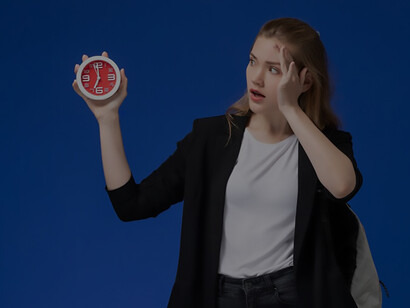 Capturing a powerful visual metaphor, witness a woman standing against time, juxtaposed with a hand holding a clock, symbolizing a poignant reflection on the intricacies of existence and the unstoppable passage of time