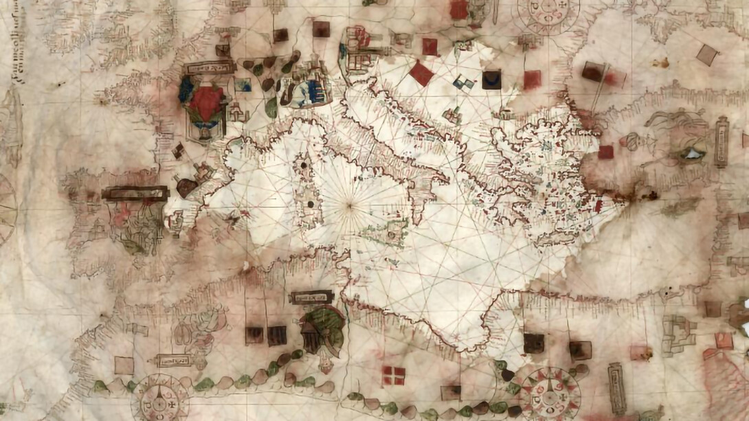 Portolan chart of the Mediterranean Sea, the Black Sea, the coasts of western Europe and North America, with Madeira and the Canary Islands and part of the Baltic Sea by Olives, Jaume, active 1550-1566