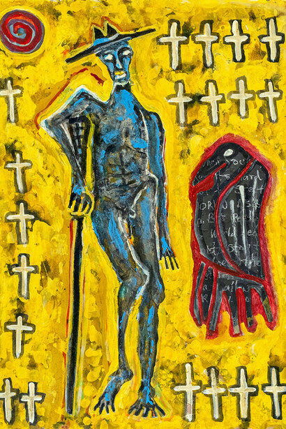 Feldsott, Crippled Man Limping Thru Pandemic, 2020, mixed media on paper, 30 x 22 inches