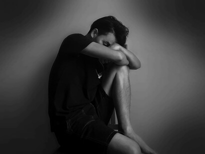 A man despondently placing his head in his arms as he copes with his stress
