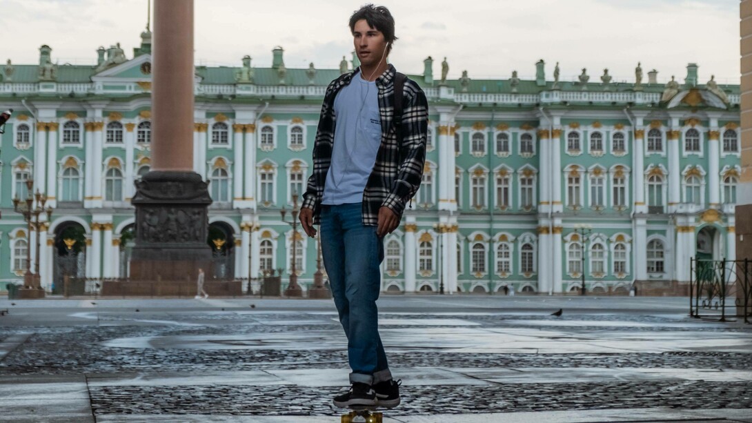 Man skates around Palace Square, St. Petersburg, Russia