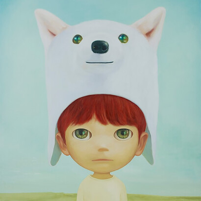 Mayuka Yamamoto, White Dog - River, oil on canvas, 51.25x38.25 inches. Courtesy of the artist and Corey Helford Gallery