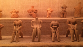 Female and male clay figurines. Thessaly. Early and Middle Neolithic period 6500 – 5300 BCE, Archaeological Museum of Volos, Greece