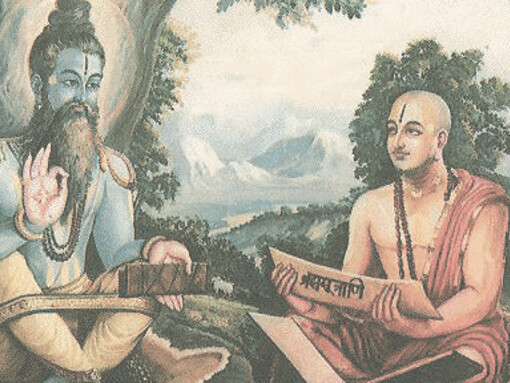 Madwacharya learning core knowledge of Vedas from vedavyasa in Uttara badri as described by madwavijaya