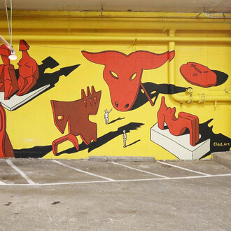 Various artists, Downtown. Illustrations at the Golda Parking Garage, exhibition view. Courtesy of Tel Aviv Museum of Art