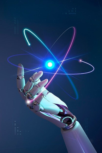 A 3D robotic hand set against a backdrop representing the cutting-edge fields of AI technology and machine learning