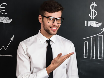Young, accomplished man in a white shirt presents a new financial project against a backdrop of a blackboard adorned with symbols of euro and dollar, showcasing expertise and innovation in finance