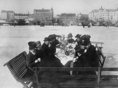 Unknown, Ice skaters having coffee at the ice rink in North Harbour, 1906. Courtesy of Helsinki City Museum