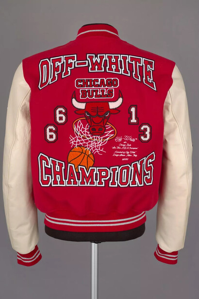 Men's varsity jacket, circa 2023. Wool, leather. Off-White C/O Chicago Bulls, Milian, Italy. Courtesy of the Chicago History Museum