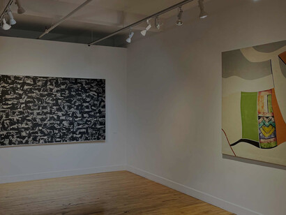 Young Sup Han, Sea, 2017, Ink on Korean mulberry paper, 55.1 x 118.1 inches (140 x 300 cm) (left); Dancheong and Concrete, 1969, Oil on Canvas, 63.4 x 50.4 inches (161 x 128 cm)