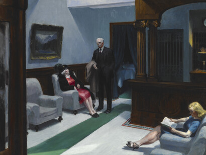 Edward Hopper (American, 1882–1967), Hotel Lobby, 1943, oil on canvas, 32-1/4 × 40-3/4 in. Indianapolis Museum of Art at Newfields, William Ray Adams Memorial Collection, 47.4 © 2020 Heirs of Josephine N. Hopper / Artists Rights Society (ARS), NY