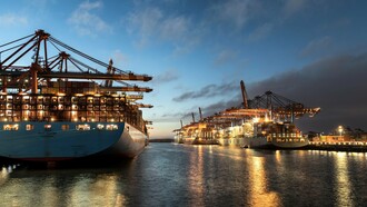 Cargo vessels and cranes operating across a busy container terminal, symbolising the interconnected infrastructure behind international commerce