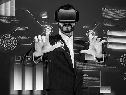 A businessman in a suit, donning virtual reality glasses, navigating a futuristic financial world, illustrating advanced automation and future technology