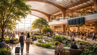 A contemporary airport terminal where architecture, daylight, and greenery come together to create a calm, intuitive, and human-centered travel environment