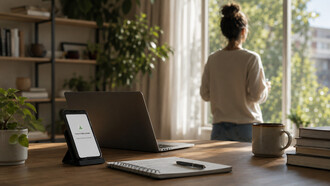 A workspace with a smartphone displaying a break reminder while its user pauses by the window, representing mindful technology use